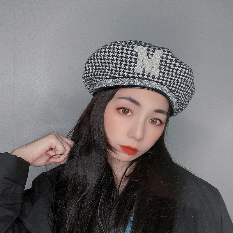 Retro French Women\'s Beret Fashion Rhinestone Pearl Letter Elegant Painter Hat Female Woolen Houndstooth Octagonal Hat For Women