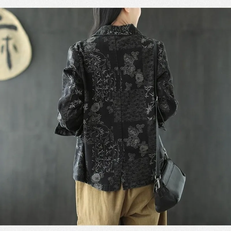 Women's Retro Chinese Style Denim Jacket Bamboo Flower Print Casual Loose Single Breasted Jean Blazer Women Vintage Outerwear