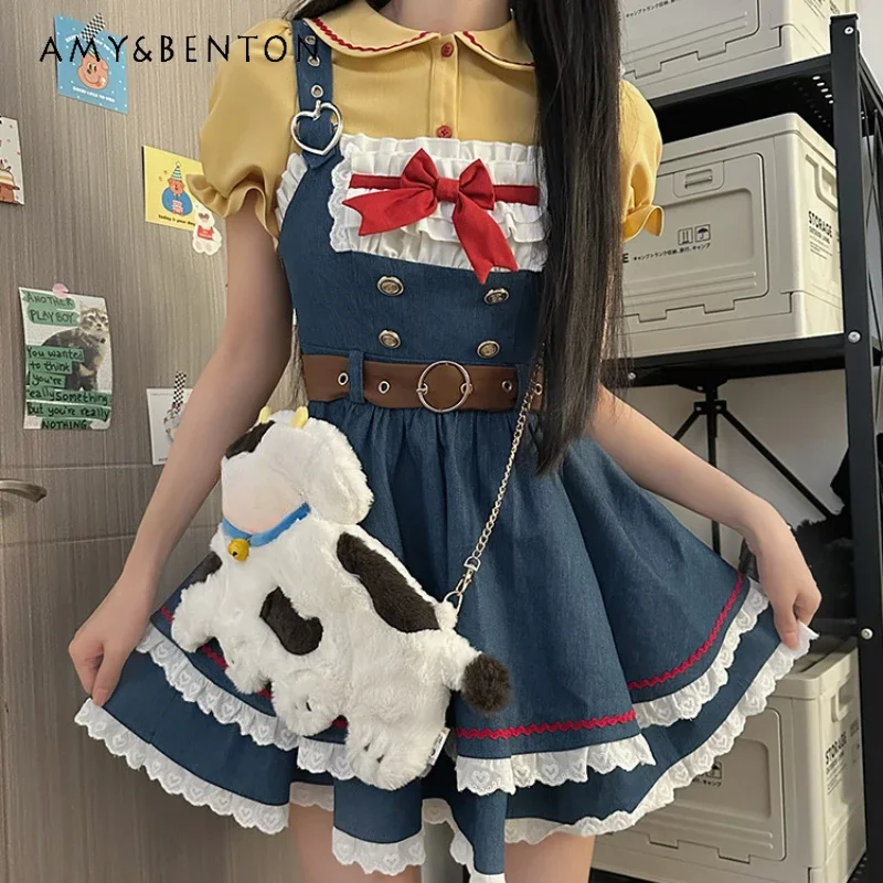 Japanese Original Design Sweet Summer Denim Strap Skirt Bow with Yellow Lotus Leaf Collar Short Sleeve Shirt Slim Top Suit Girls