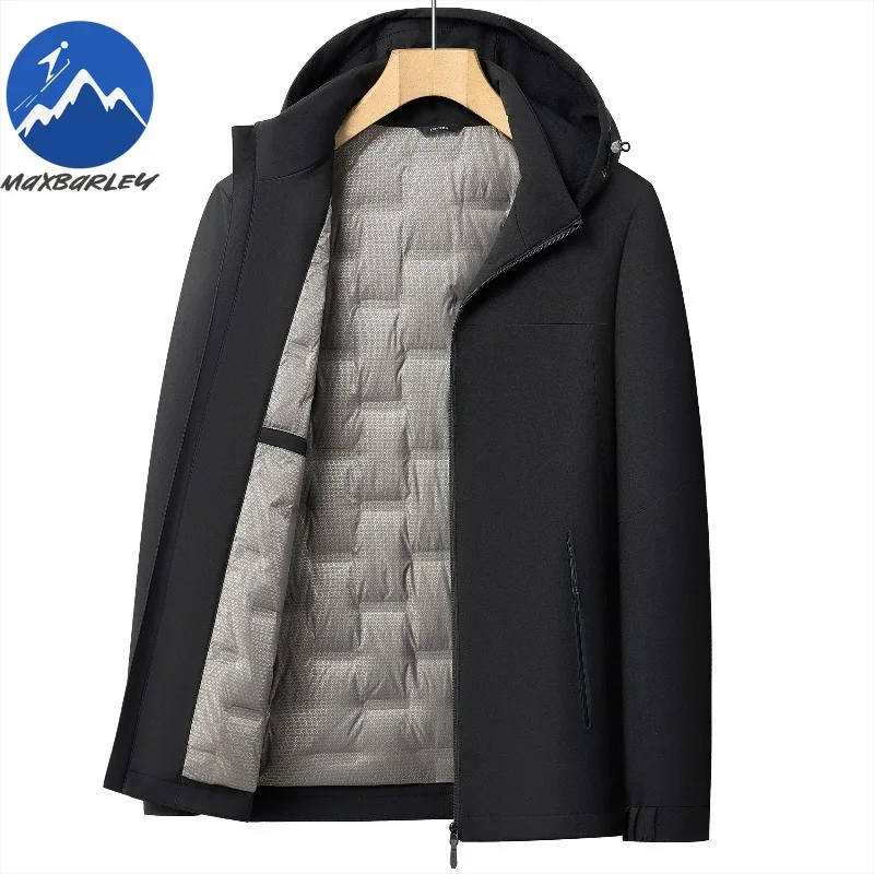 Maxbarley Men Down Jacket Fashion Hood Commuter Office Thickened Warm Zipper Coat Casual Outdoor Travel Cold-proof Winter Parka