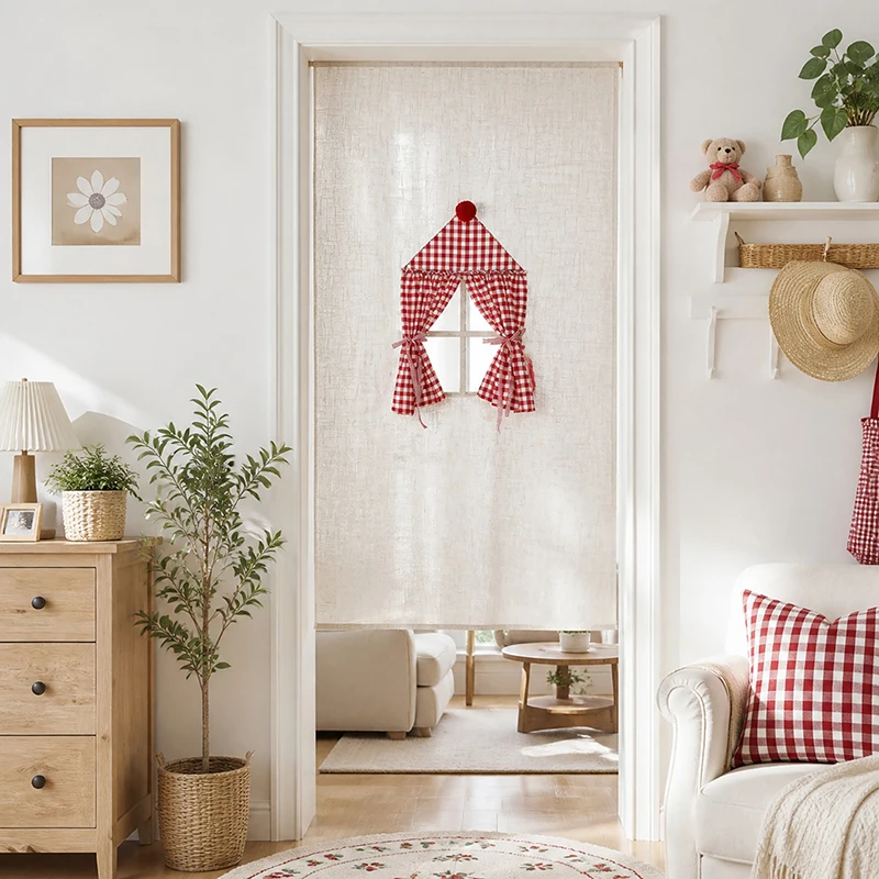 American Creative Red Grid House Hollow Tie Curtain Imitation Linen Semi Sheer Door Curtain For Kitchen Living Room Homestay