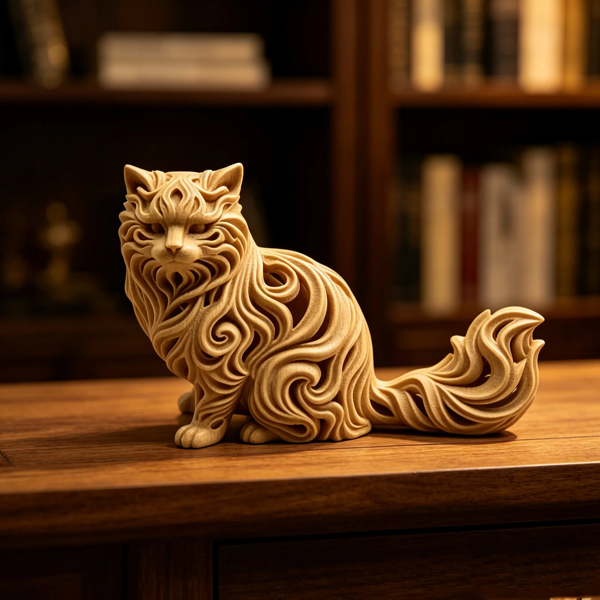 Vintage Hohlgeschnitzte Katzenfigur 3D-Gedruckt mit Holzimitat-Textur Langhaarige Katzenstatue Kunsthandwerk Dekoration für Zuhause und Schreibtisch – Detail 3