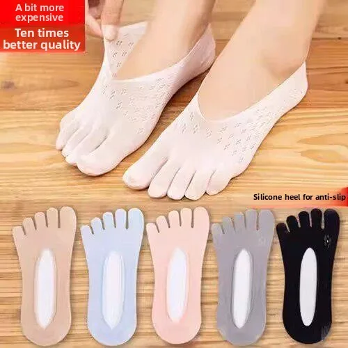 Ultra-Thin Invisible Five-Finger Women's Socks Breathable Anti-Slip Toe Separated Hollow Design Summer Boat Socks Ice Silk