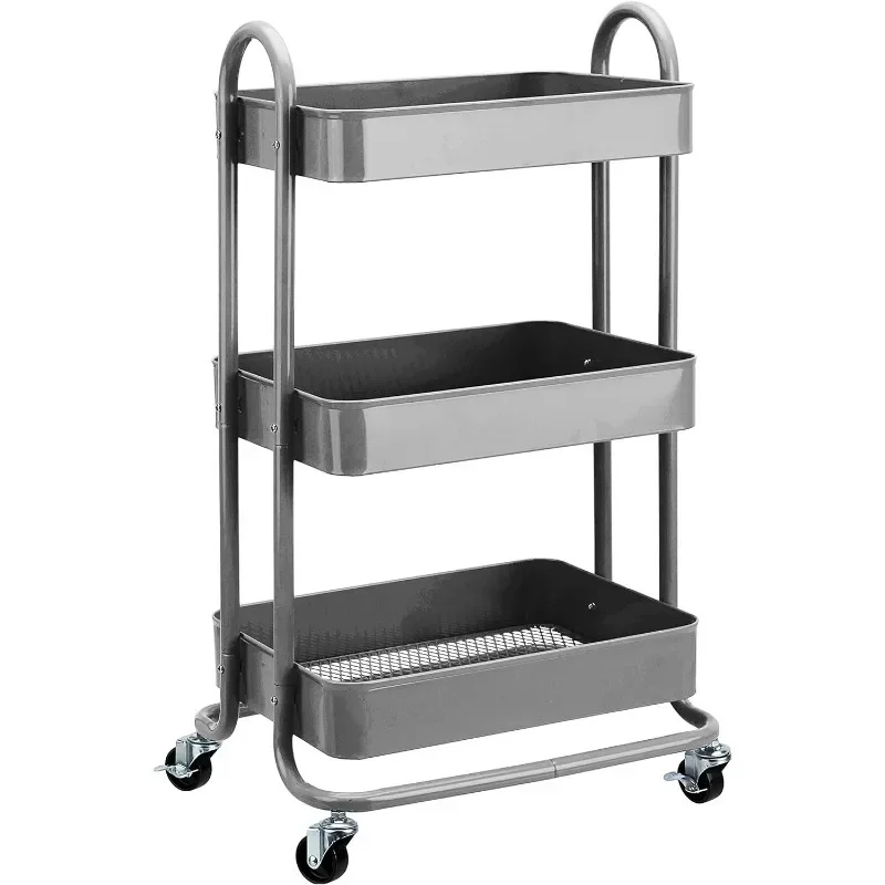 3-Tier Rolling Metal Storage Organizer - Mobile Utility Cart, Kitchen Cart with Caster Wheels for Bathroom, Office