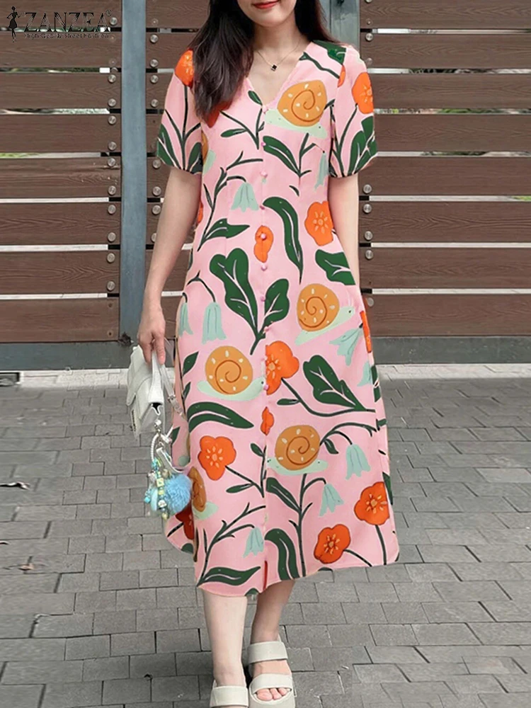 

ZANZEA Women Short Sleeve Robes Femme Vacation Fashion V-Neck Floral Printing Vestidos Mujer Slit-Hem 2025 Summer Midi Dresses