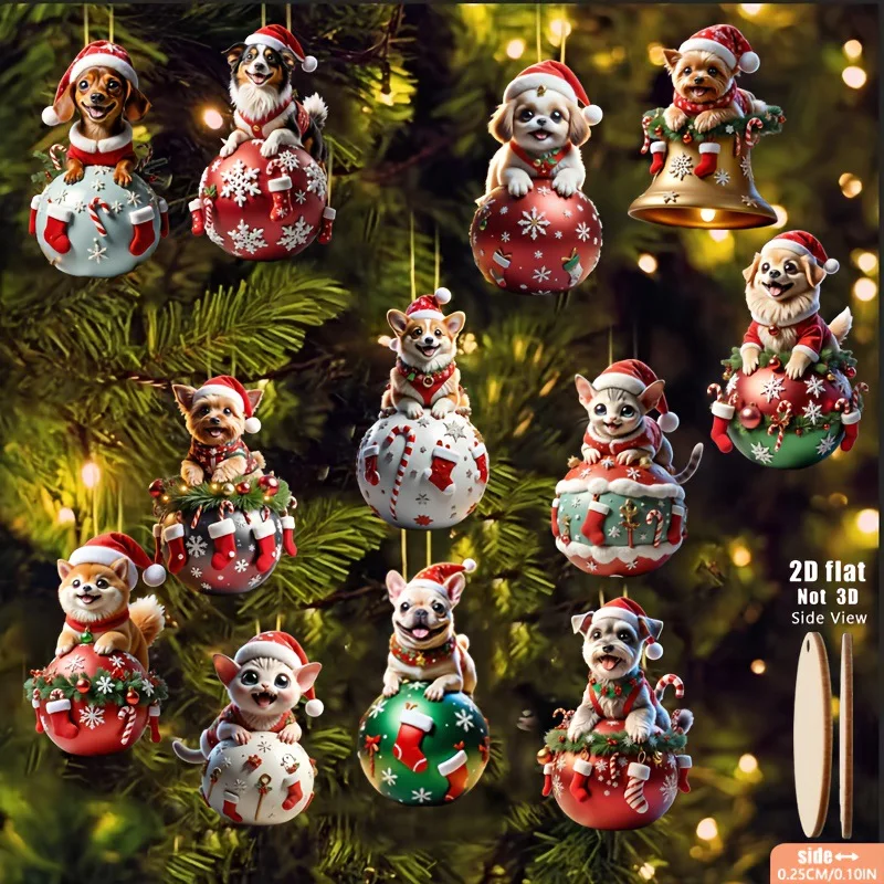 12 Stück 2D flache süße Hundeglocke Weihnachtsbaum Anhänger Holz Haustier Thema Party Dekoration Weihnachten Home Party Supplies Urlaub Geschenke