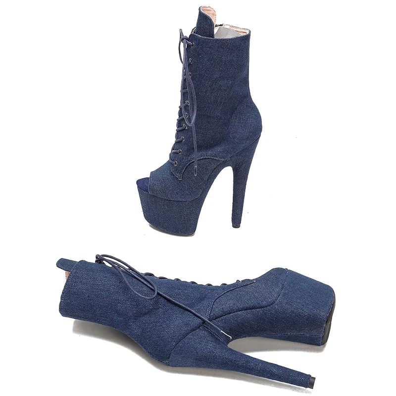 Leecabe – bottes de danse à bout ouvert, en denim, à talons hauts, 17CM/7 pouces, nouvelle collection