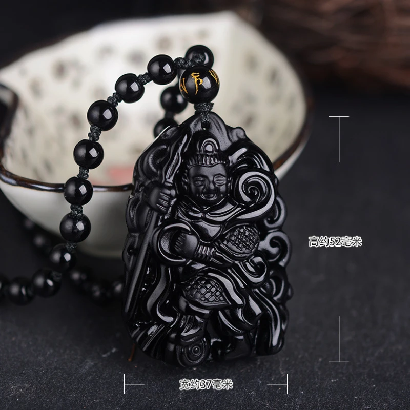 Obsidian, retro ethnic style jewelry necklace, male, natural obsidian Nezha third prince pendant.