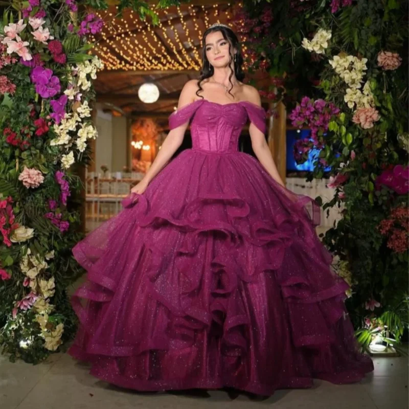 

Customized Shiny Purple Off Shoulder Quinceanera Dress Tull crystal Lace layering applique vestidos de 15 Quinceanera