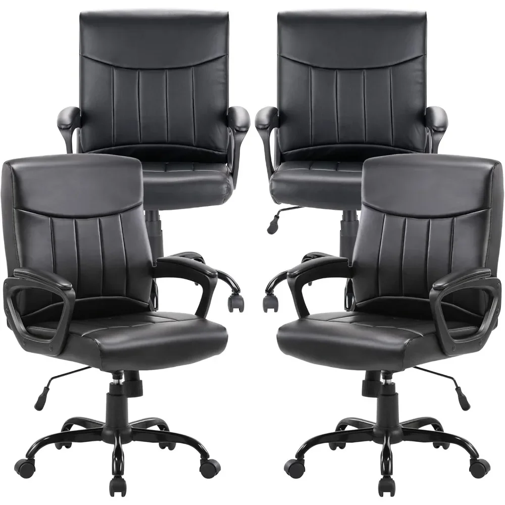 Mid Back Leather Office Chair with Lumbar Support and Cushioned Armrests, Ergonomically Designed, 4-piece Set