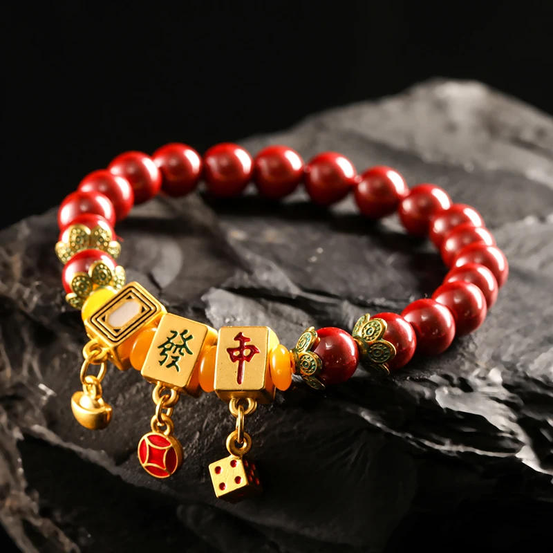 8mm Chinese New Year Good Luck For Men And Women Natural Red Agate Mahjong Bracelet Retro Lucky Fortune Protection Bracelet Gift