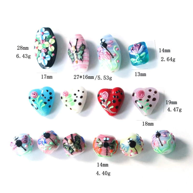 

10Pcs/Hand-Painted Dragonfly Rose FlowerGlass Beads Heart Shape Beads diy Rope Weaving Jewelry Accessories Making Findings