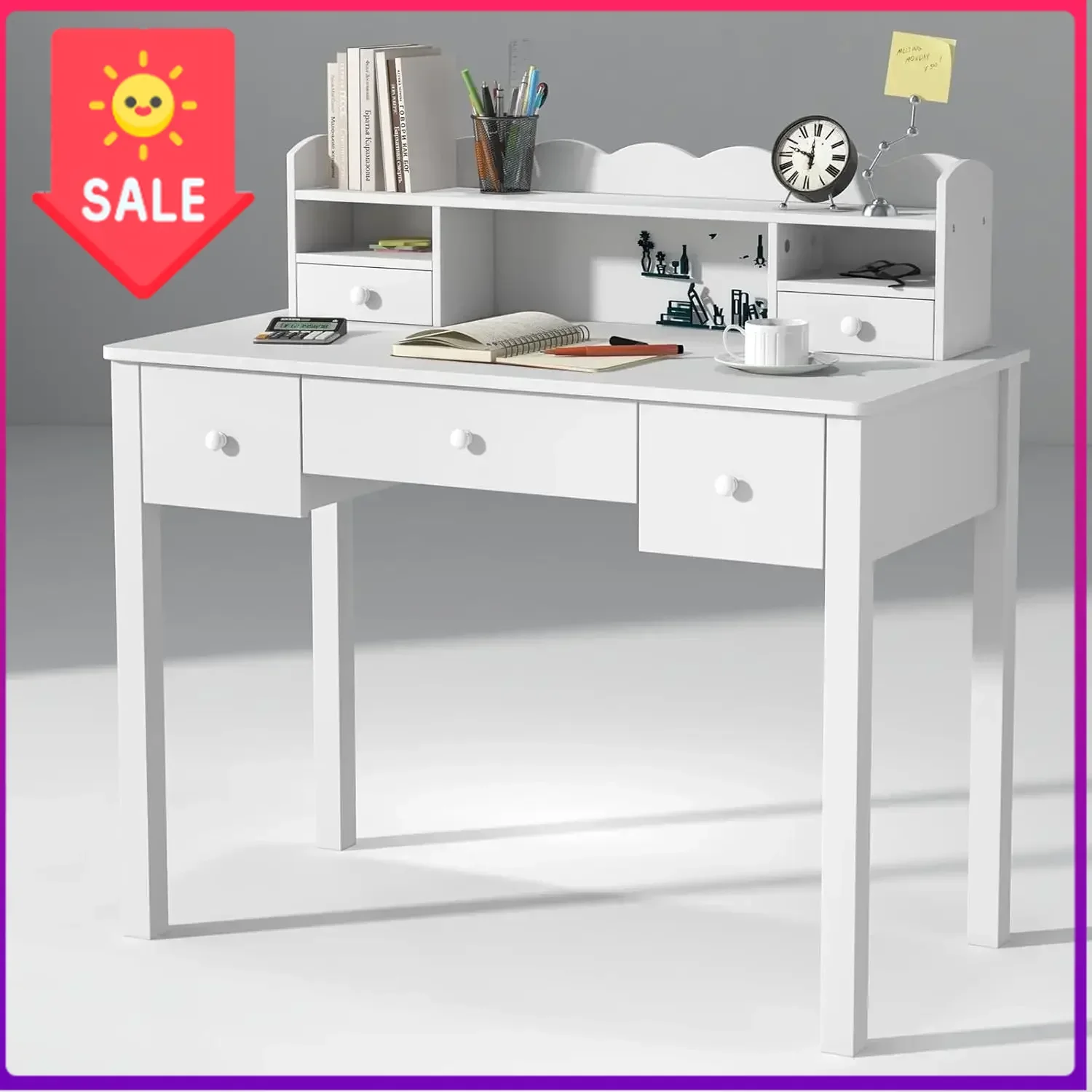 

Горячая распродажа: Белый письменный стол с надстройкой и 5 ящиками - 40-дюймовая современная компьютерная рабочая станция для домашнего офиса, подростковый стол, стол для небольшой учебной комнаты