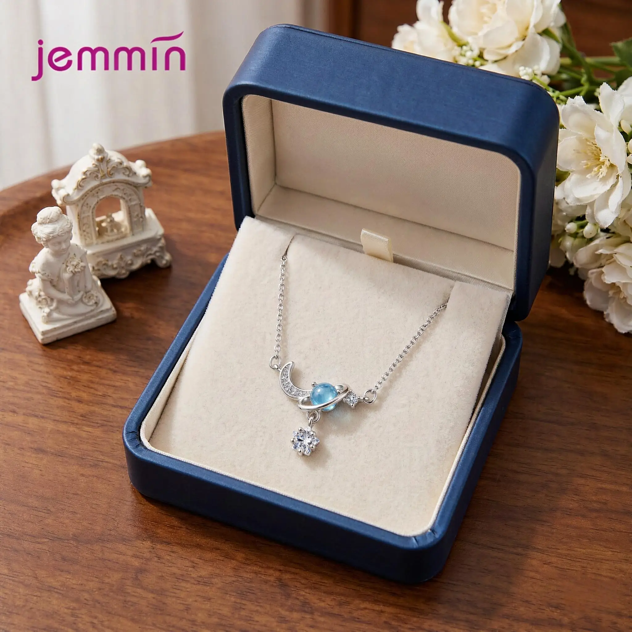 Charm 925 Sterling Silver Moon Planet Blue Crystal Zircon Pendant Necklaces For Women Girls Wedding Party Fashion Jewelry Gifts