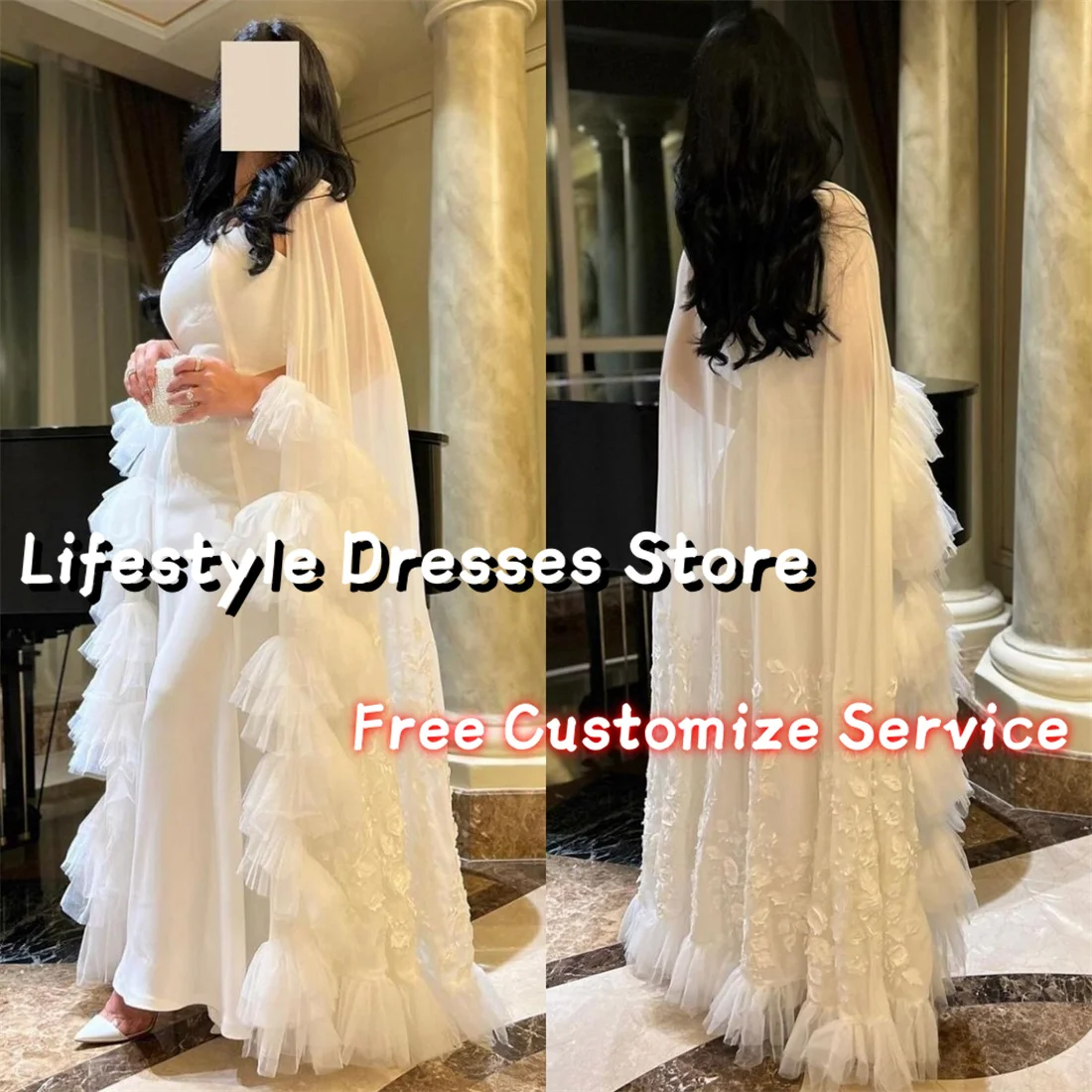 Customized Elegant Evening Dresses for Women Square Collar Floral Applique Wedding Party Gowns Tiered Sleeves Prom Dresses