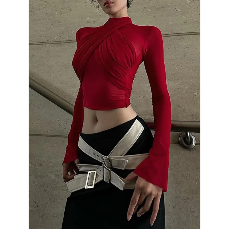 

Krisnanas Sexy Red Mesh T-shirt for Woman 2025 Skinny Half High Neck Long Sleeve Bandage Cropped Pullovers T-shirt&tees 141552