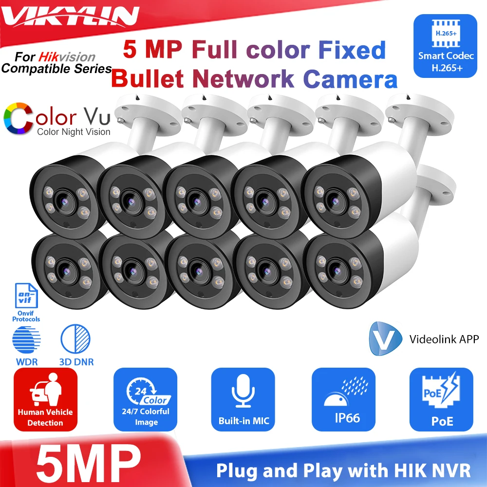 vikylin 5MP Bullet Full Color IP Camerafor Hikvision Compatible Motion Detection with MIC Home CCTV POE Security Camera Onvif