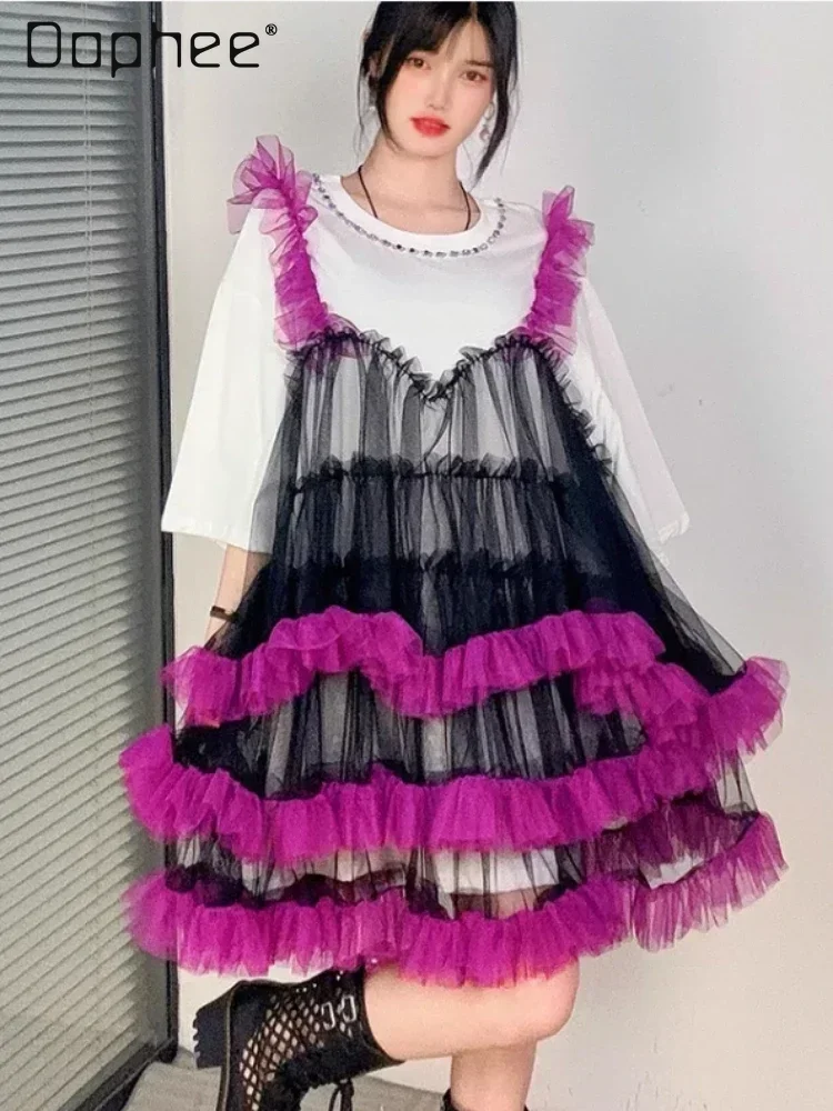 

Fashion Contrast Color Mesh Stitching Loose Tulle Tutu Dress 2024 Summer Sweet Round Neck Half Sleeve T-shirt Cake Dress Women