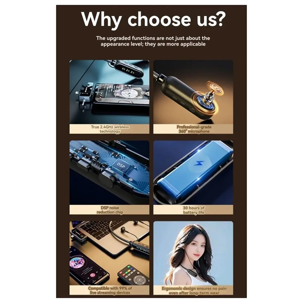 Auriculares inalámbricos con banda para el cuello y tarjeta de sonido para transmisión en vivo con micrófono, cancelación de ruido y seguimiento de respaldo