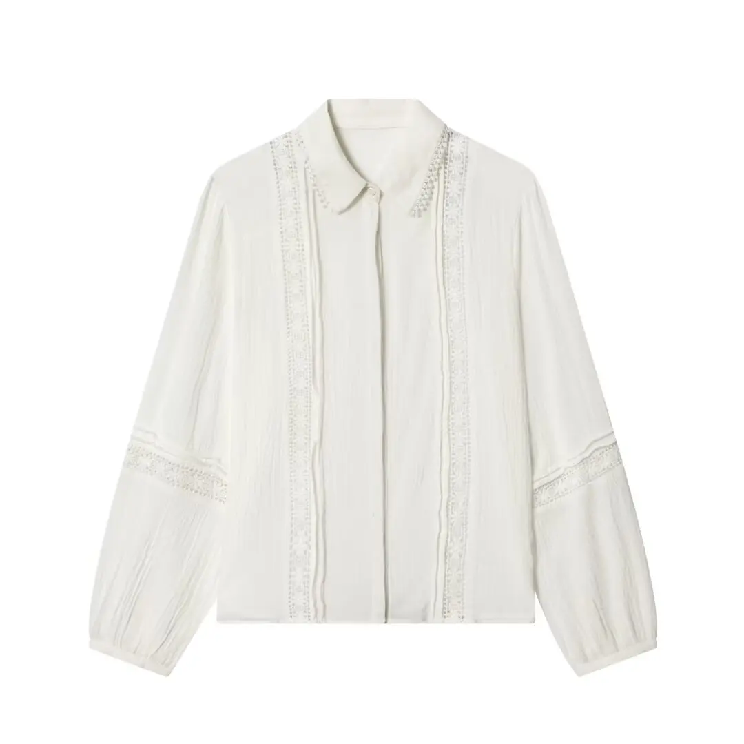 

WOMAN 2026 summer new fashionable casual straight lace and ruffle decoration simple shirt retro versatile women's shirt chic top