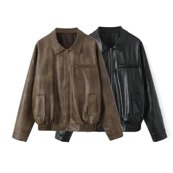 PB&ZA2024 Autumn New Women's Fashion Style Casual Loose and Versatile Collar Leather Jacket Solid Color Jacket Coat