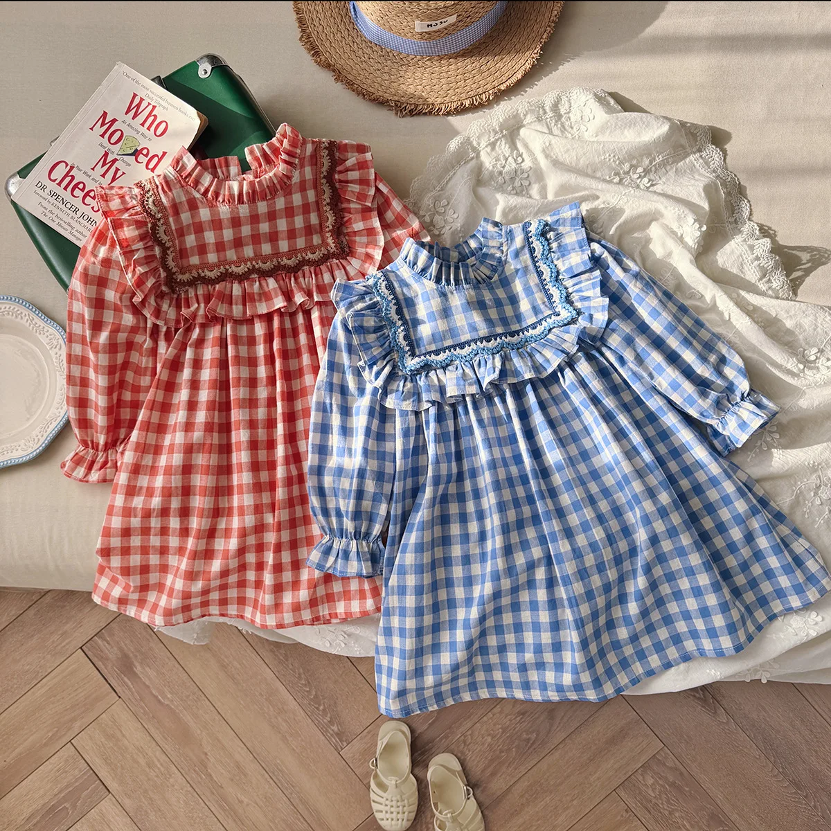 Lotus Leaf Collar Contrasting Lace Girls' Dress Autumn New Children's Clothing Standing Collar Long Sleeved Checkered Kids Dress
