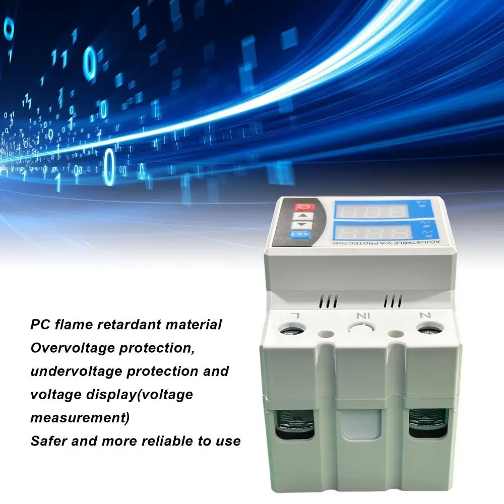 Automatyczny ochronnik przeciwprzepięciowy i podnapięciowy 240V~300V 63A z regulacją napięcia, montowany na szynę DIN, z dwoma wyświetlaczami.