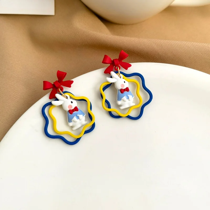 925 Silver Needle Cute Jewelry Bownot Little Rabbit Earrings New Trend Lovely Blue Yellow Drop Earrings For Women Accessories