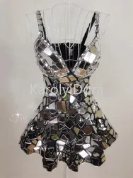 Vestido de plata con espejo para mujer, traje Sexy para escenario, traje para Festival, club nocturno, Bar, cantante, Dj, Ds, ropa de actuación hecha a mano, 2023