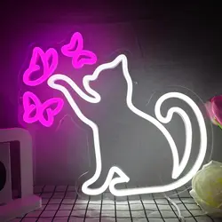 Cat Butterfly Neon Sign LED Dimmable Neon Lights for Pet Shop Children Bedroom Home Livingroom Art Decor Birthday Christmas Gift