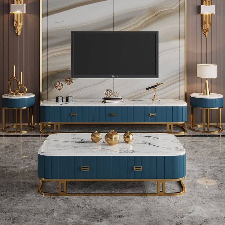 Luxury New Design Leather Gold Stainless Steel Tv Stand Coffee Table And Side Table Set For Living Room Furniture