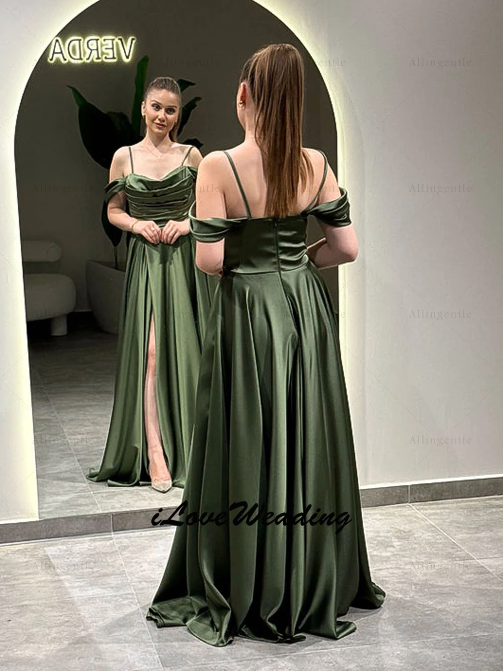 Robe de bal trapèze verte élégante, plissée, dos nu, épaules dénudées, robe de demoiselle d'honneur longue pour invités de mariage, fente haute, personnalisée