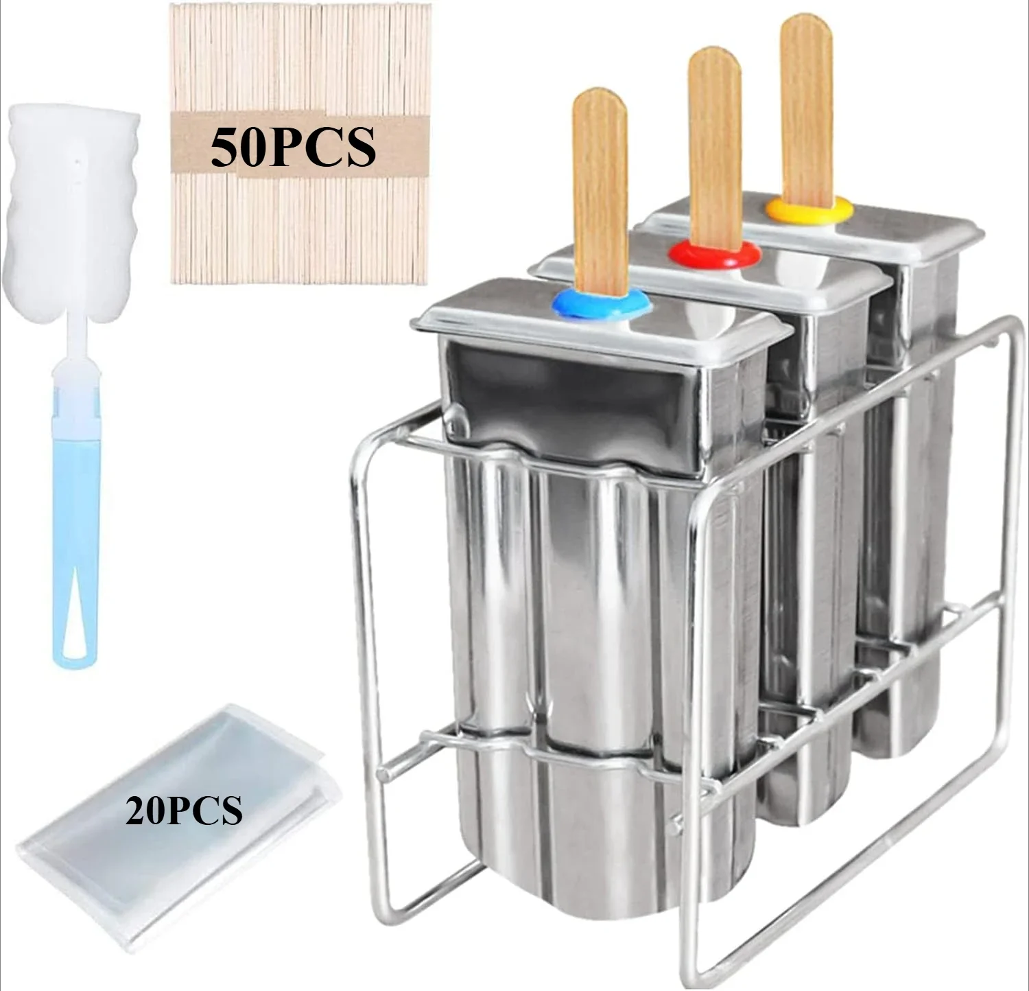 3-branch Flat Head Slot Ice Cream Mould Upgrade Stainless Steel Popsicle Molds with Sticks Brush for Home DIY Ice Cream Tools