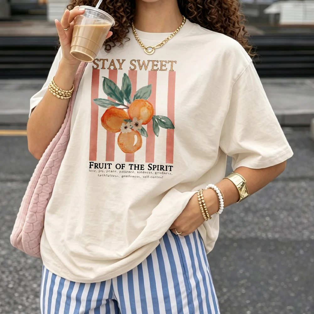 Women Stay Sweet Orange Blossom Fruit Print T Shirt Vertical Stripe Background  Cotton Tee Sweet Casual Ladies Vacation Tops Tee
