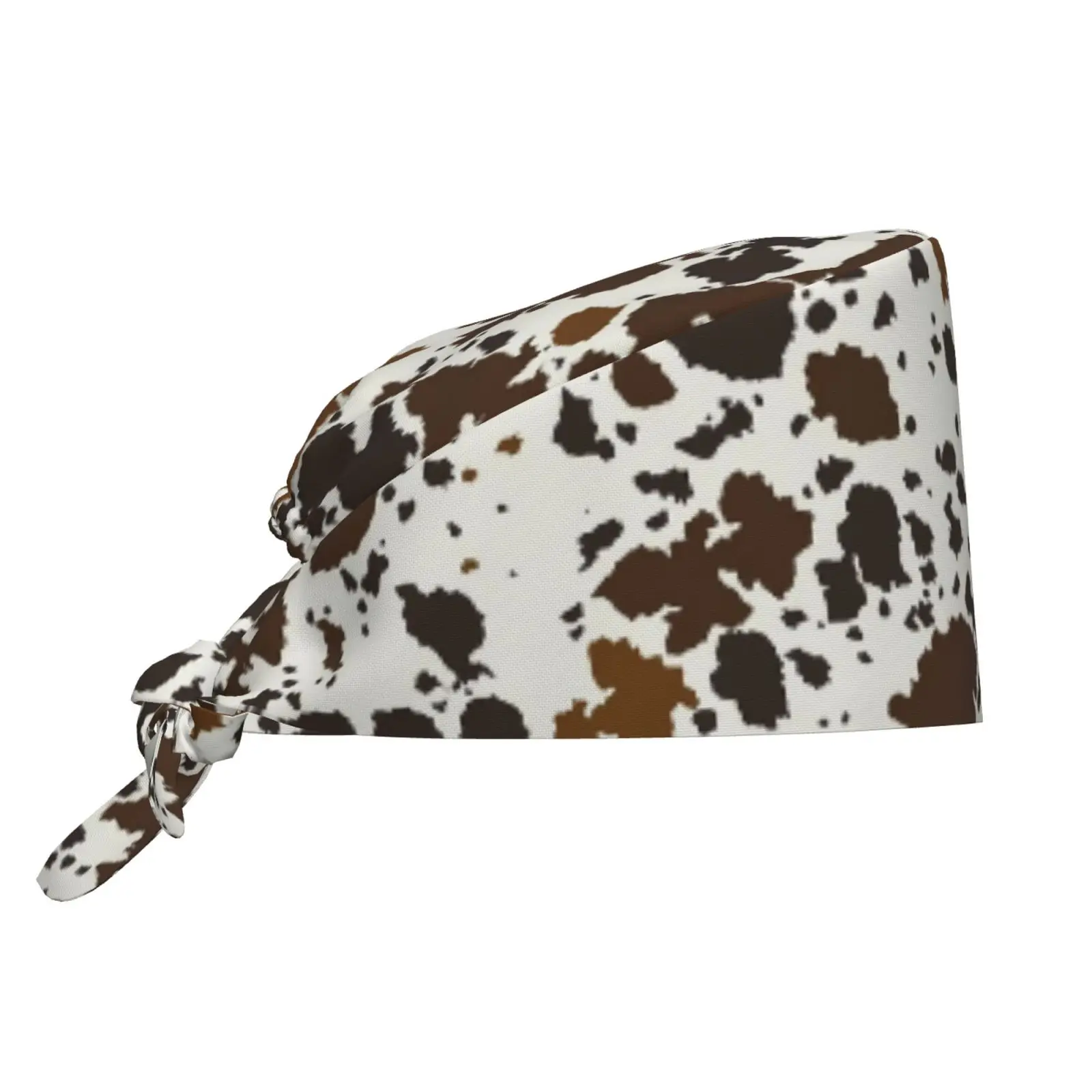 Cowhide Brown Printed Unisex Breathable Work Cap with Adjustable Sweatband and Elastic Bandage Cap for Nurses