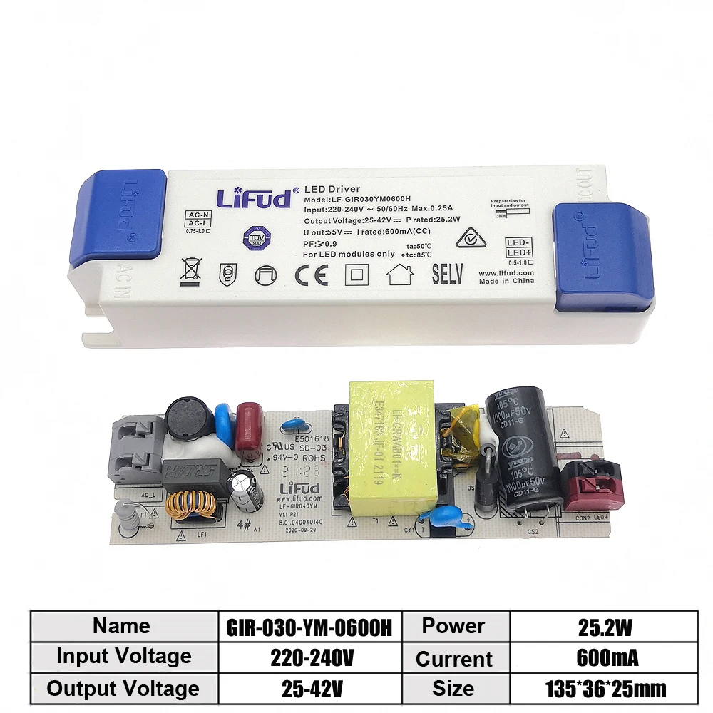 Lifud LED Driver 25W-31W 600mA 650mA 700mA 750mA LF-GIR030YM 25-42V High PF Contant Current Isolation Lighting Transformer