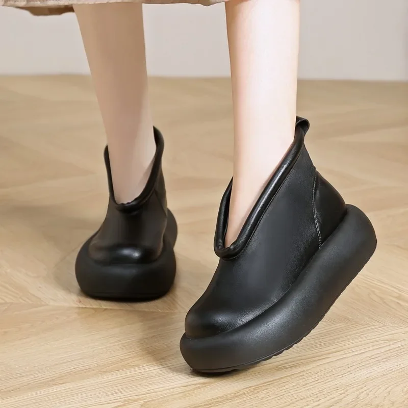 Free Shipping Women Round Toe Slip on Short Boots Genuine Leather Thick Platform Trendy Casual Footwear, Customer Favorite
