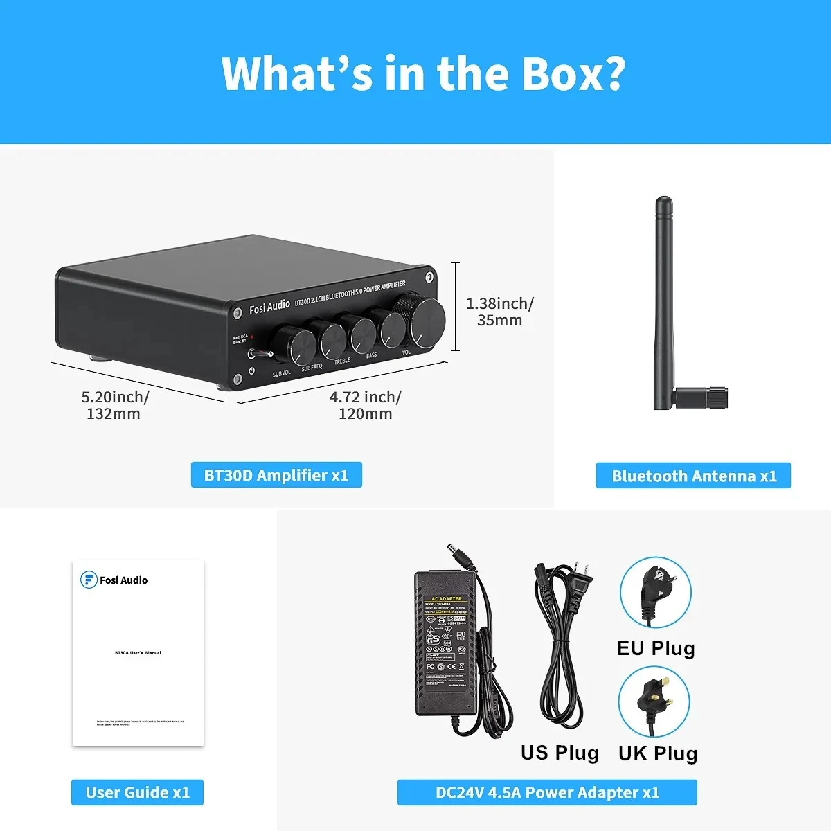 Fosi Audio BT30D Bluetooth 5.0 2.1 Channel Power Amplifier with Bass and Treble Controls Audio Subwoofer 100W + 50W x2