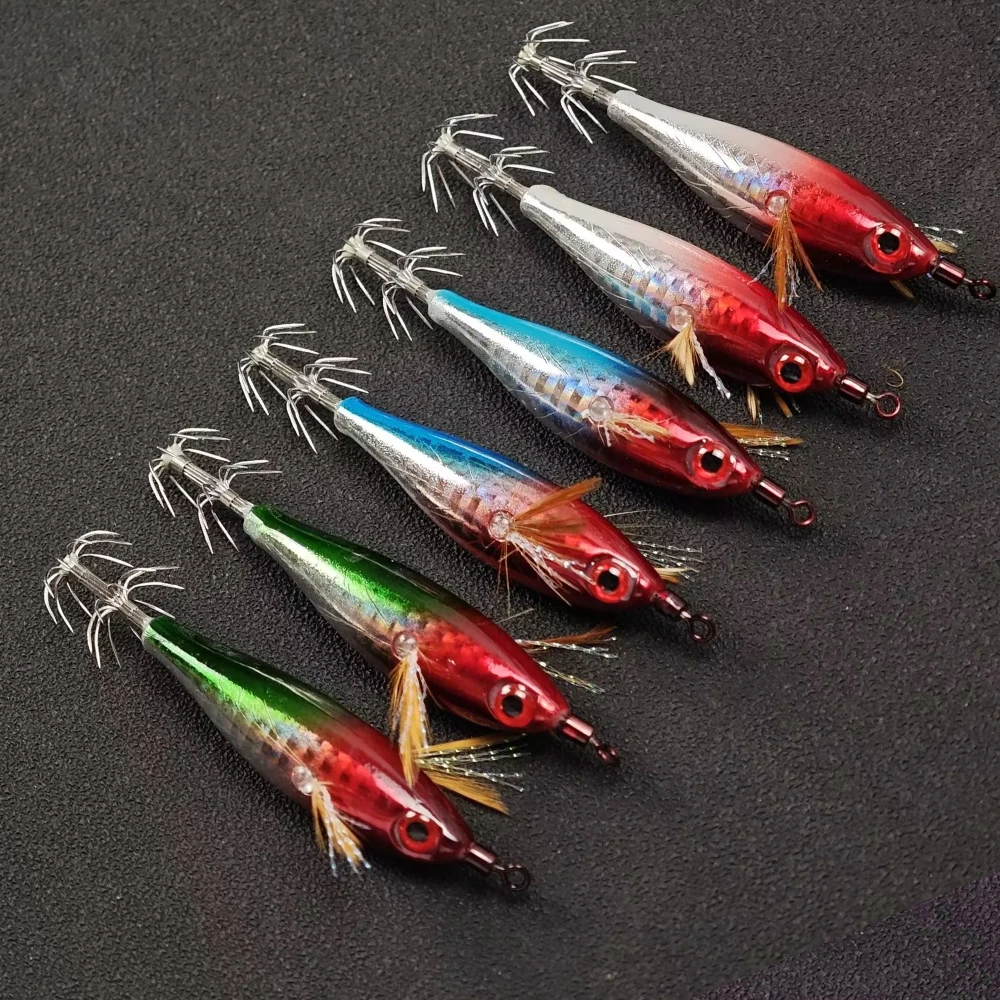6pcs UV Horizontal Squid Jig Egi Set 8cmLuminous Wood Shrimp Fishing Lure Glow Cuttlefish Octopus Jig Saltwater Tackle Set view 6