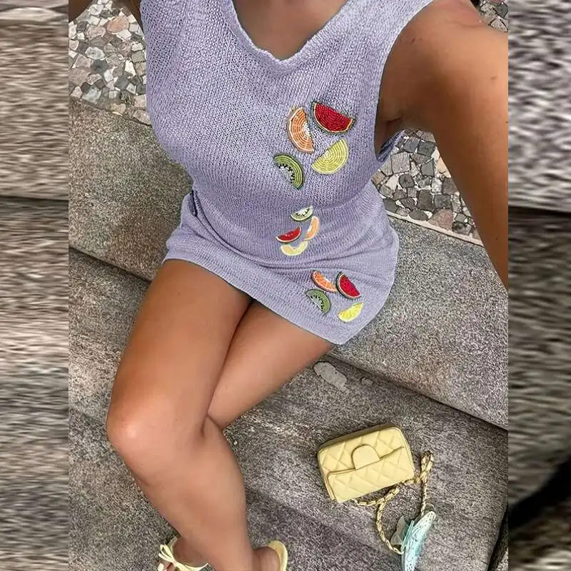 Women's O Neck Knitted Slim Mini Summer Hollow Out Sleeveless Beach Cover Up Dress Fruit Embroidery Vest Short Dresses New