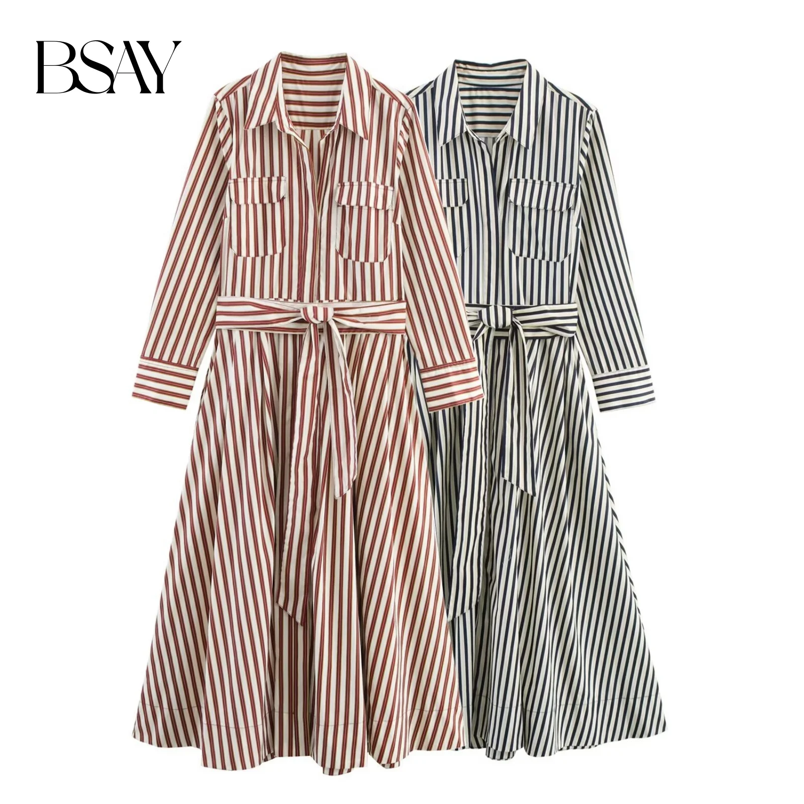 BSAY moda solapa manga larga mujer otoño nuevo artículo 2025 serie rayas adelgazante vestido estilo camisa de un solo pecho