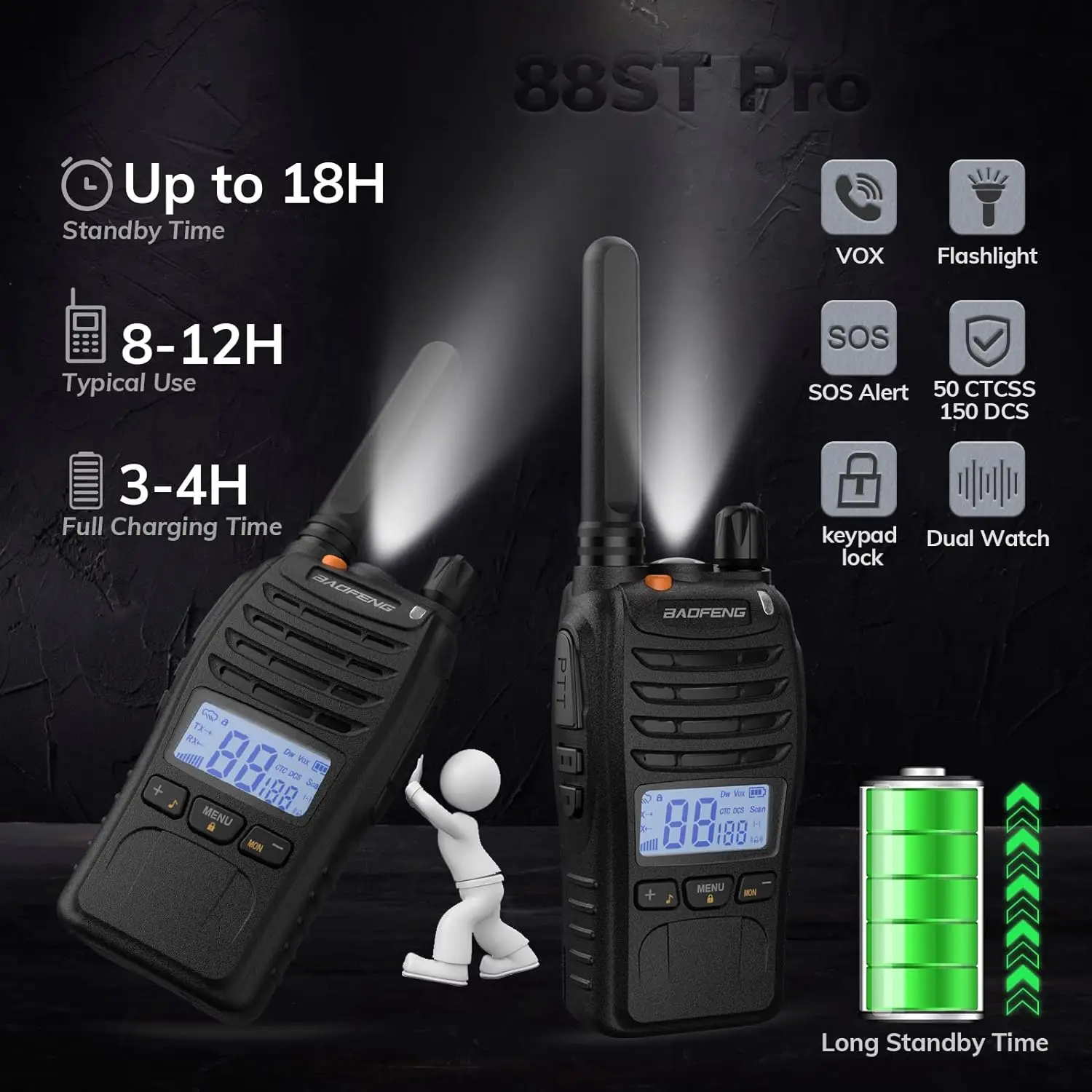 BAOFENG BF-88ST Pro Walkie Talkie, Upgraded Long Range Rechargeable License-Free PMR446 Two Way Radios with LCD Display,4 Pack