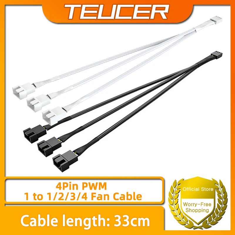 TEUCER 4-Pin Splitter Cable 4 Pin 1 to 3 Way PWM Fan Splitter Cable Sleeve Extension Braided Cable Extension Fan Connector