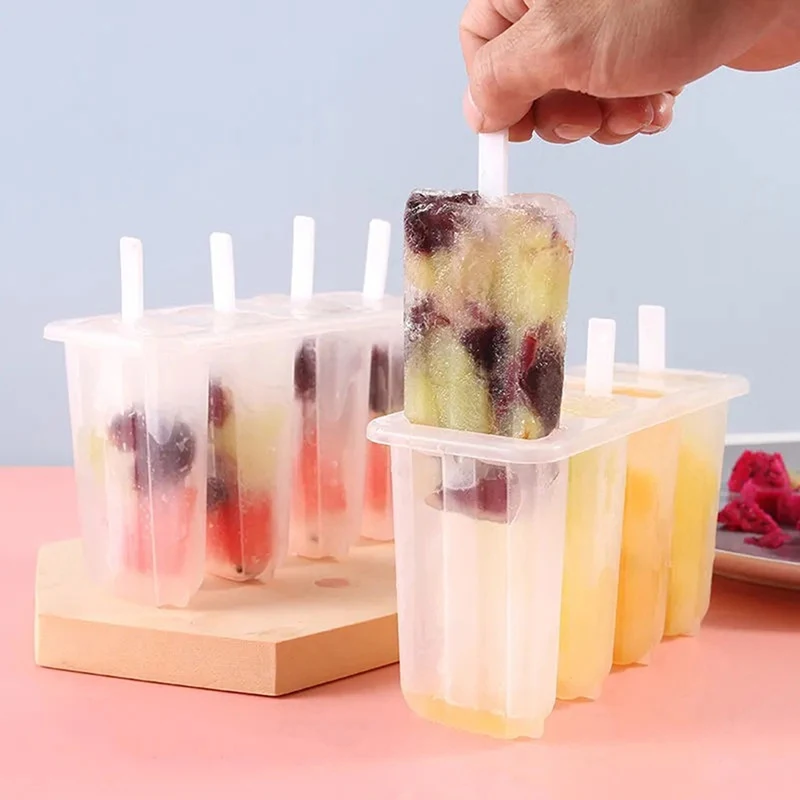 (BF06)Ice Cream Mold 4 Ice Popsicle Mold Set Ice Maker Ice Tray DIY Reusable with Sticks and Lid Creative Kitchen Tool Summer
