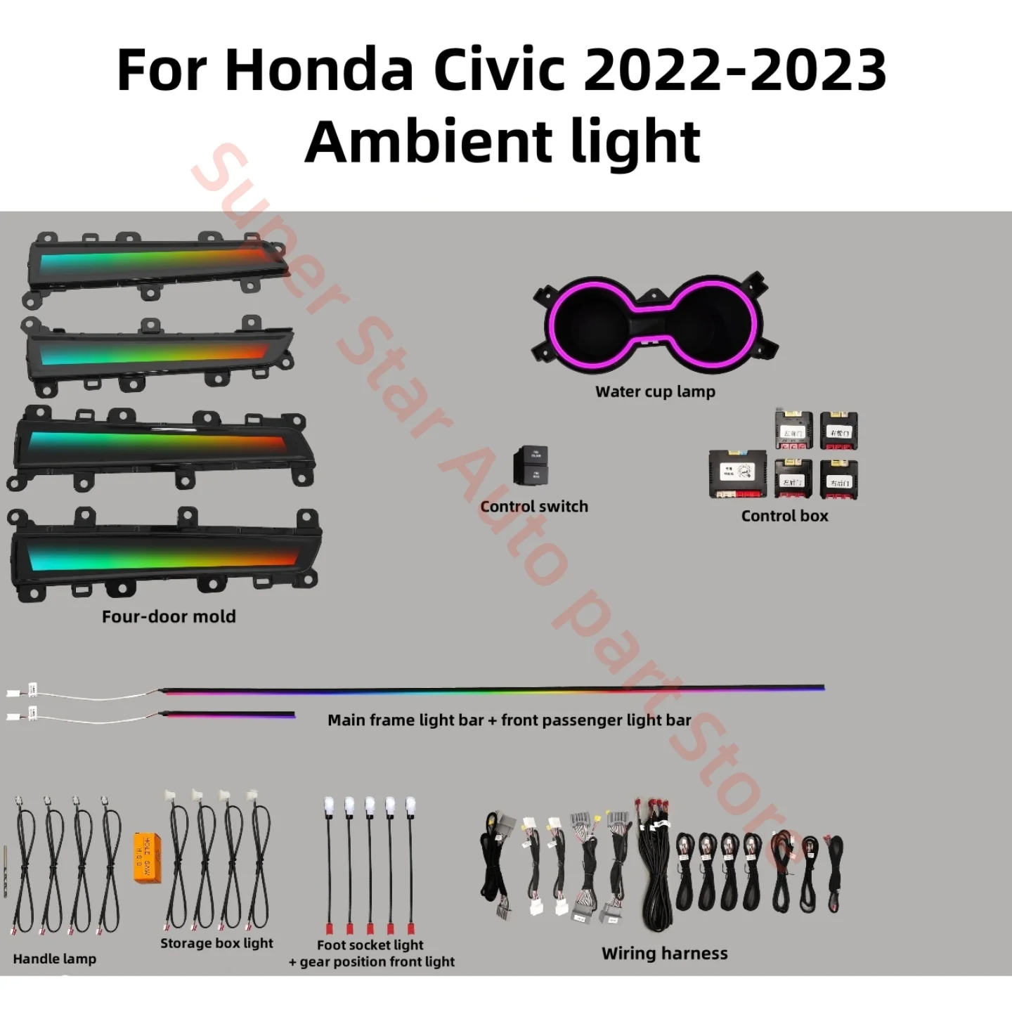 Fit For Honda Civic 2022-2025 LED Ambient light car interior lighting upgrade Car accessories Atmosphere lamp Water cup lamp