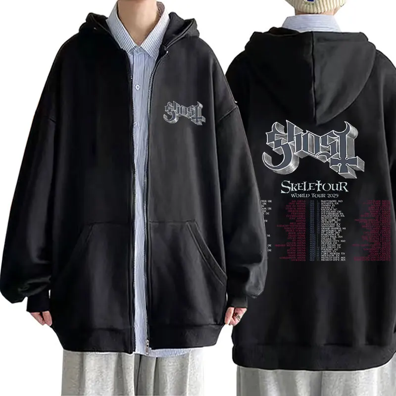 Ghost Skeletour World Tour 2025 Zipper Hoodie Vintage Terror Skeleton Zip Up Jacket Men Women Gothic Rock Metal Zip Up Hoodies