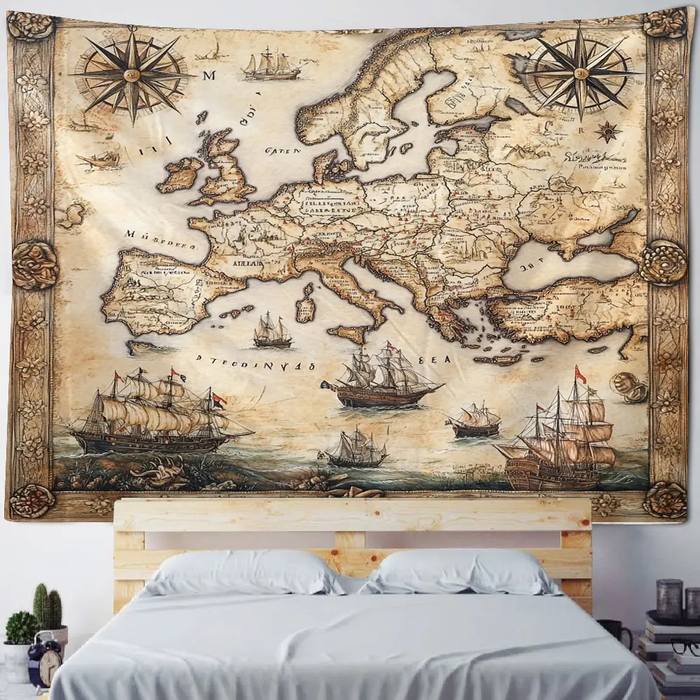 European medieval ancient navigation map, sailing ship background decoration, tapestry, home background wall decoration