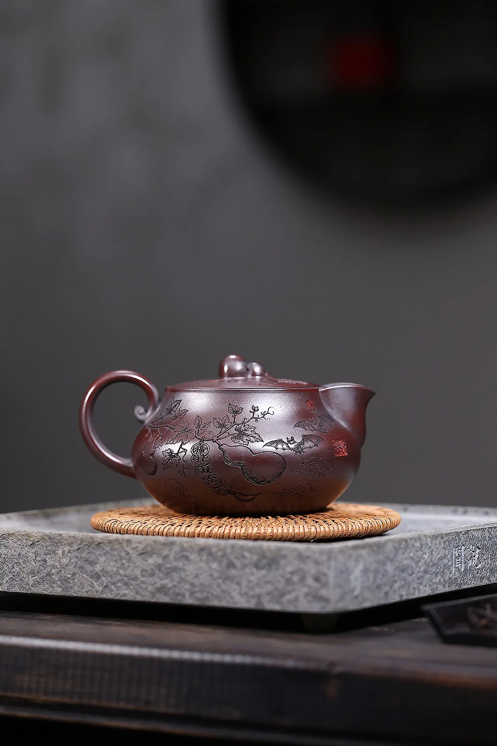 Hand‑thrown Yixing Zisha Teapot, Raw Ore Ancient Black Clay Fu Lu Double‑Blessing Pattern Teapot, Exquisite Household Teaware
