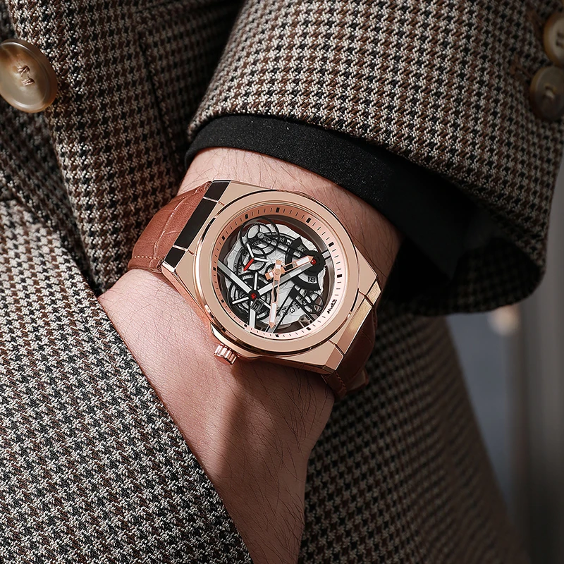 นาฬิกาข้อมือควอตซ์ผู้ชายแฟชั่นสุดฮิต TPW ดีไซน์โครงกระดูกสีทอง หรูหรา พร้อมฟังก์ชั่นวัน สาย PU