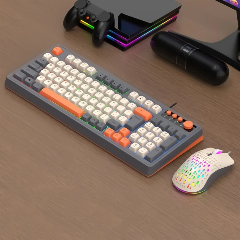 Colorful Backlits Keyboard 98Keys USB Wire Keyboard Mouse for Gaming Enthusiasts